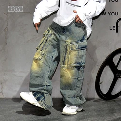 High Quality Distressed Denim Cargo Pants Mens Clothing Multi-Pocket Baggy Jeans Streetwear Hip Hop Loose Stacked Jeans Male