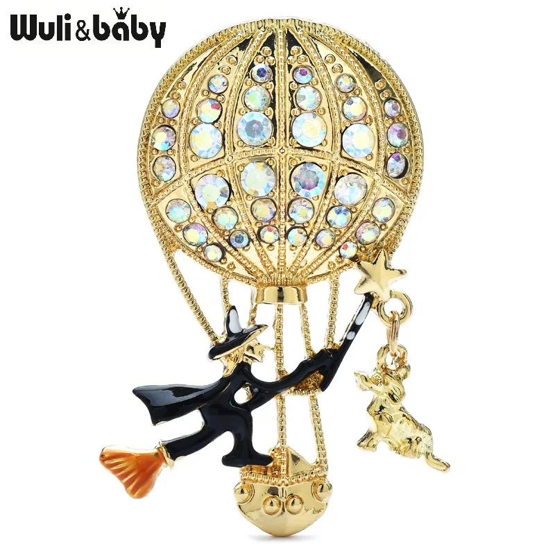 

Wuli&baby Witch Taking A Hot-air Balloon Brooches Pins For Women Lovely Cartoon Rhinestone Figure Party Casual Brooch Gifts