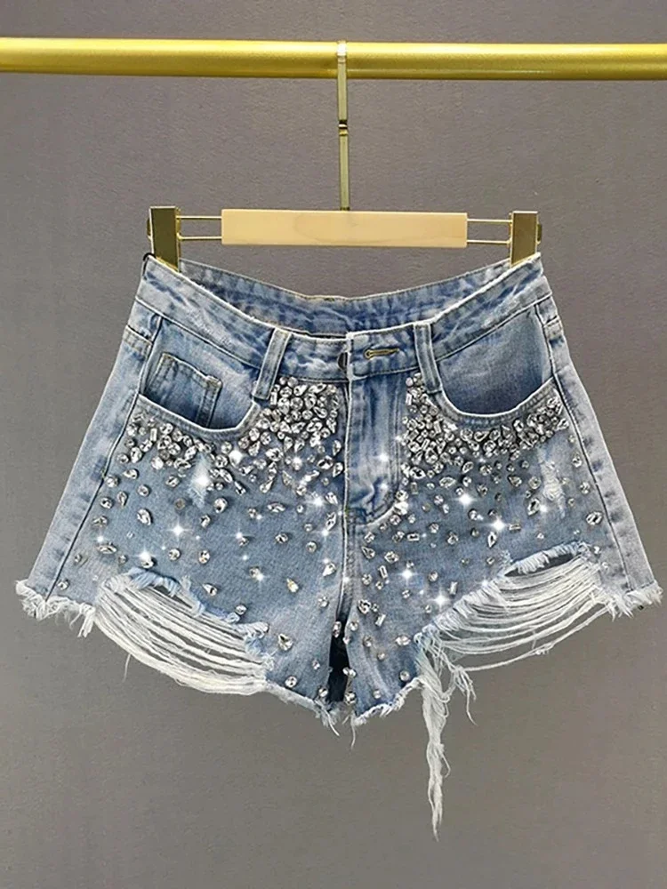 

Women's Short Jeans High Waist Distressed Diamonds Tassel Loose Wide Leg Luxury Denim Shorts 2025 Spring Fashion Y2k Skirts