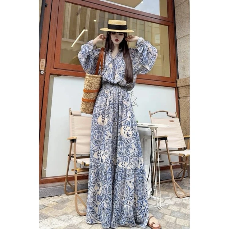 

2025 летнее новое модное платье, женское праздничное платье с цветочным принтом, свободная повседневная юбка с длинными рукавами, женская