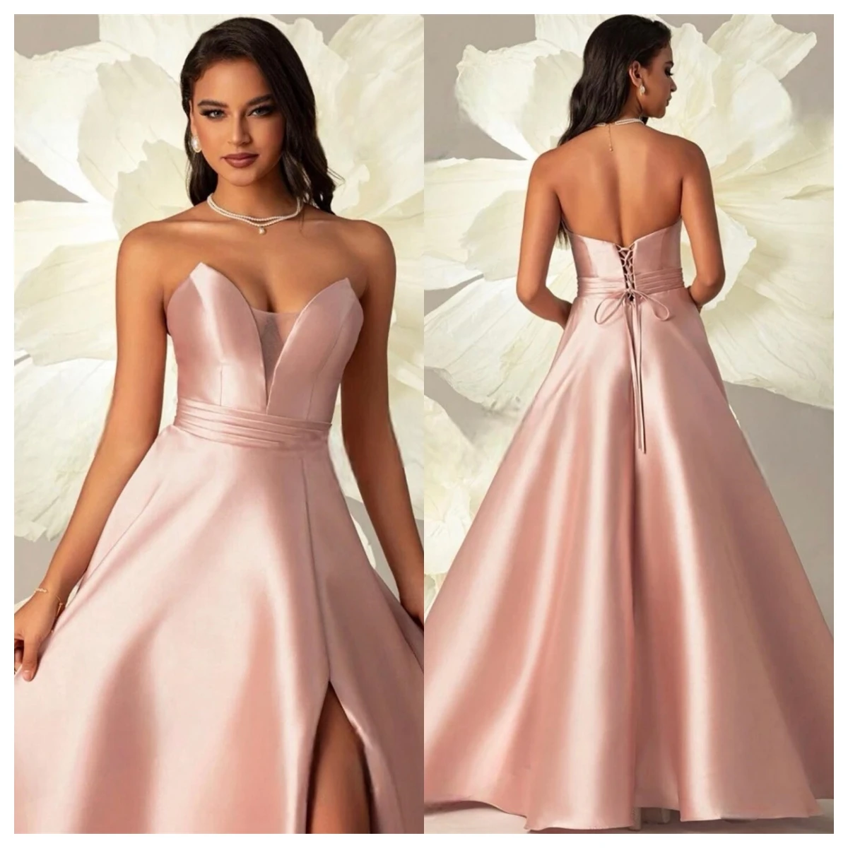 

Customized Temperament Pink Satin Evening Dress Strapless Sleeveless Homecoming Dress Special Occasion Gowns Lace Up Back