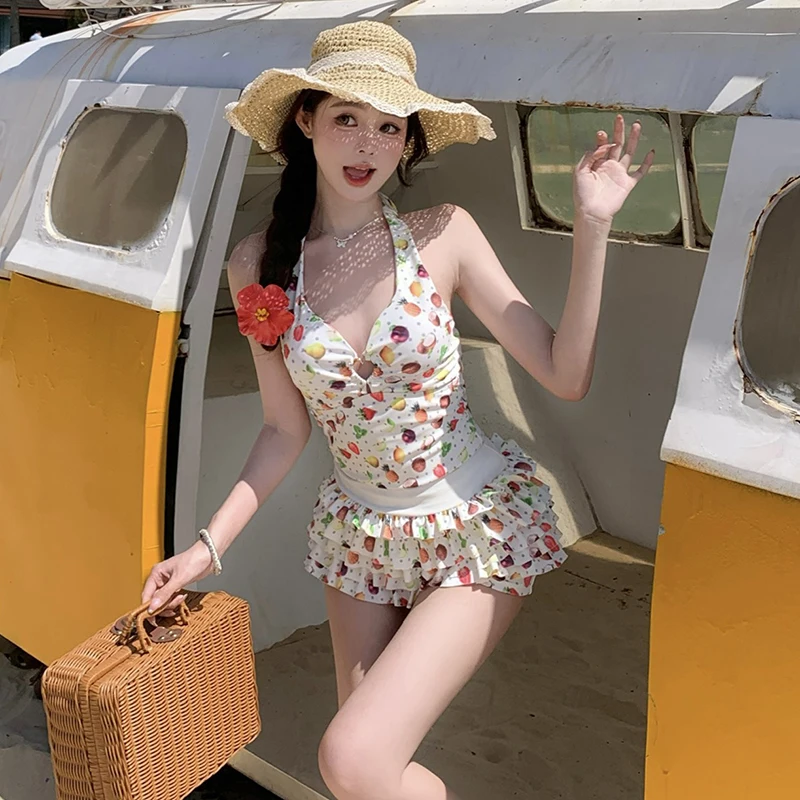 

Новый женский купальник Sweet Girl's: бикини с фруктовым принтом, шорты, топ на бретельках, для термальных источников, с защитой для груди