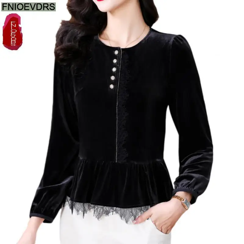 Black Velvet Retro Vintage Tassel Peplum Tops New Design Women 2024 Autumn Long Sleeve Sequined Button Belly Basics Shirt Blouse