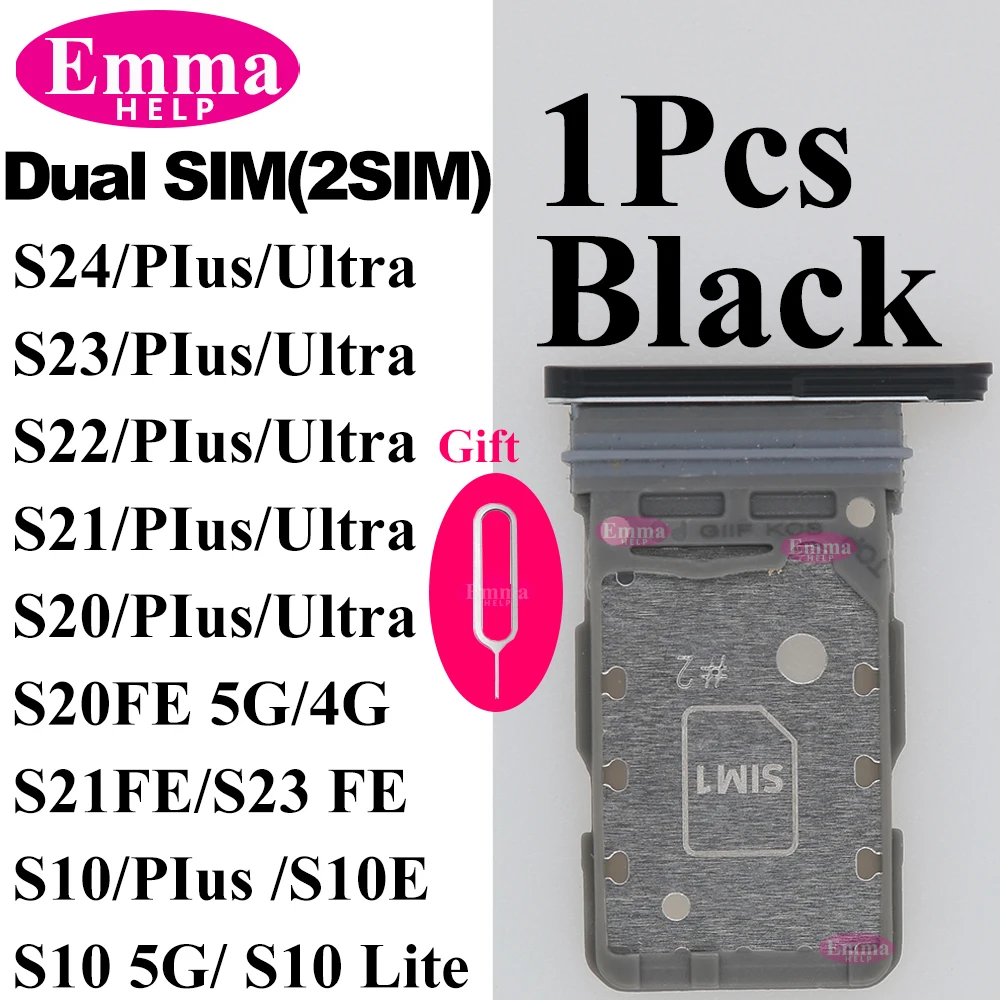 EmmaHelp 1Pcs Black Dual SIM Tray Holder for Samsung Galaxy S24 S23 S22 S21 S20 Ultra S10 Plus S20FE S21FE S23FE with Needle