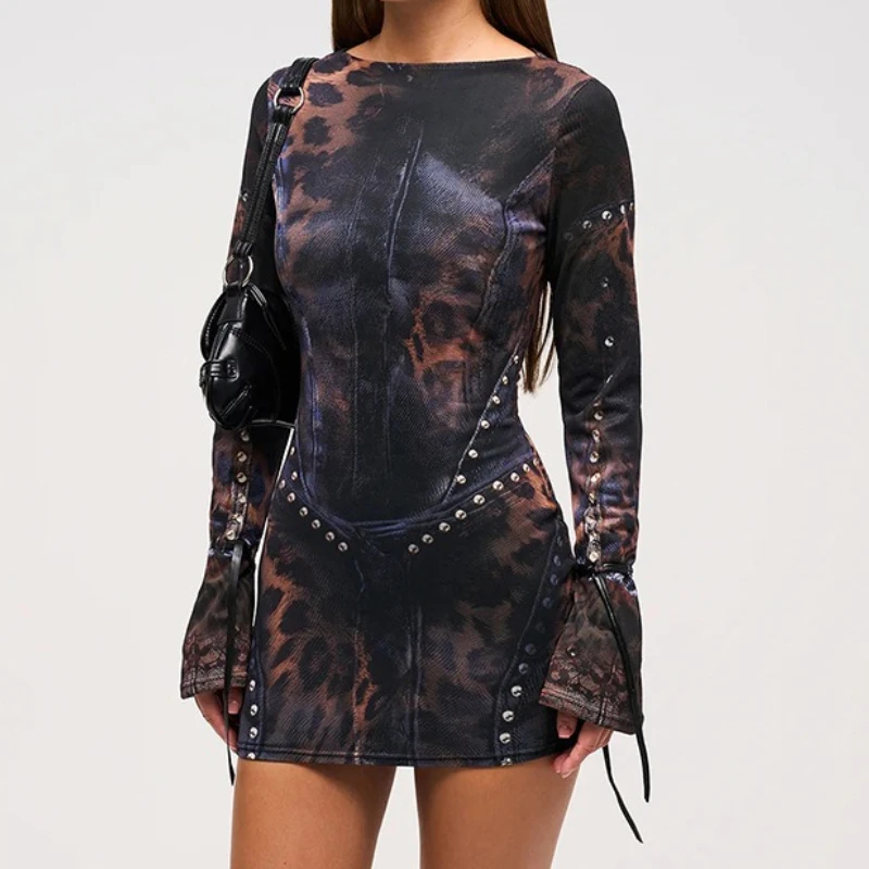 

2026 New Patchwork Print Dress Women o-Neck Lace-Up Full Sleeve Hottie Trend Skinny Stretch Peach Hip Mini Bodycon Streetwear