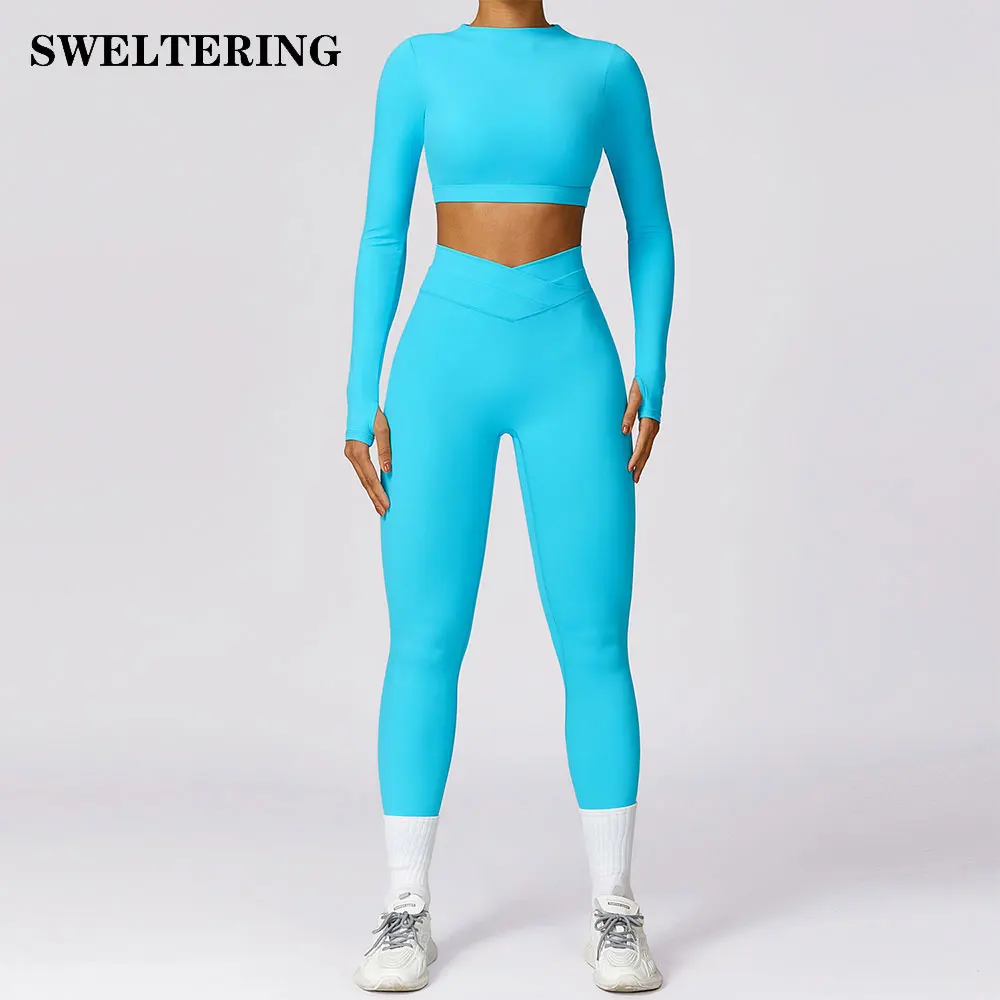 Yoga Set 2PCS Gym Clothes Sportswear Yoga Suit For Women Fitness Tracksuits Sports Bra Gym Leggings Workout Long Sleeve Crop Top