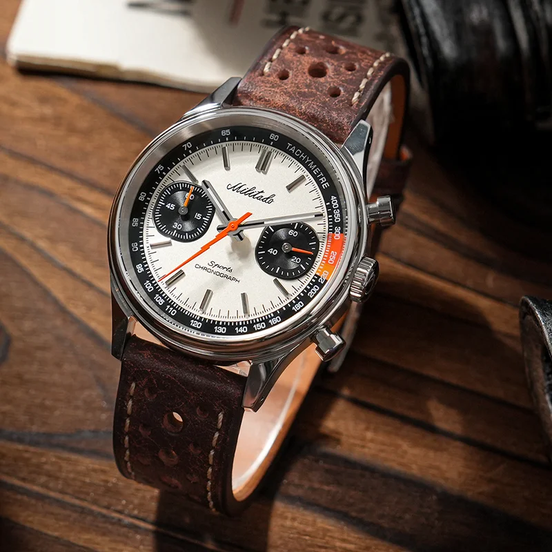 Militado ML23 Sports Chronograph Watches Miyota 6S21 Quartz Watch Panda Dial Sapphire BGW9 Waterproof 40Mm Retro Leather Strap - view 4