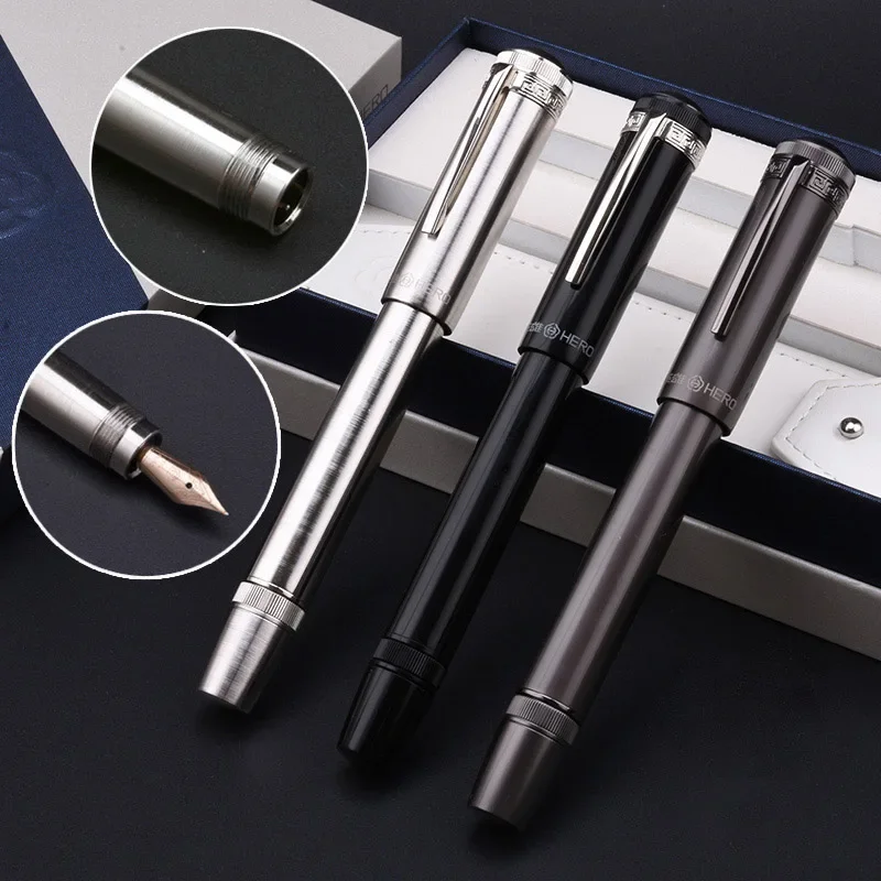 Original Hero H718 Fountain Pen 10k Gold Nib Rotary Piston Ink Converter Cover Hidden Flexible Nib Business Office Gift Box