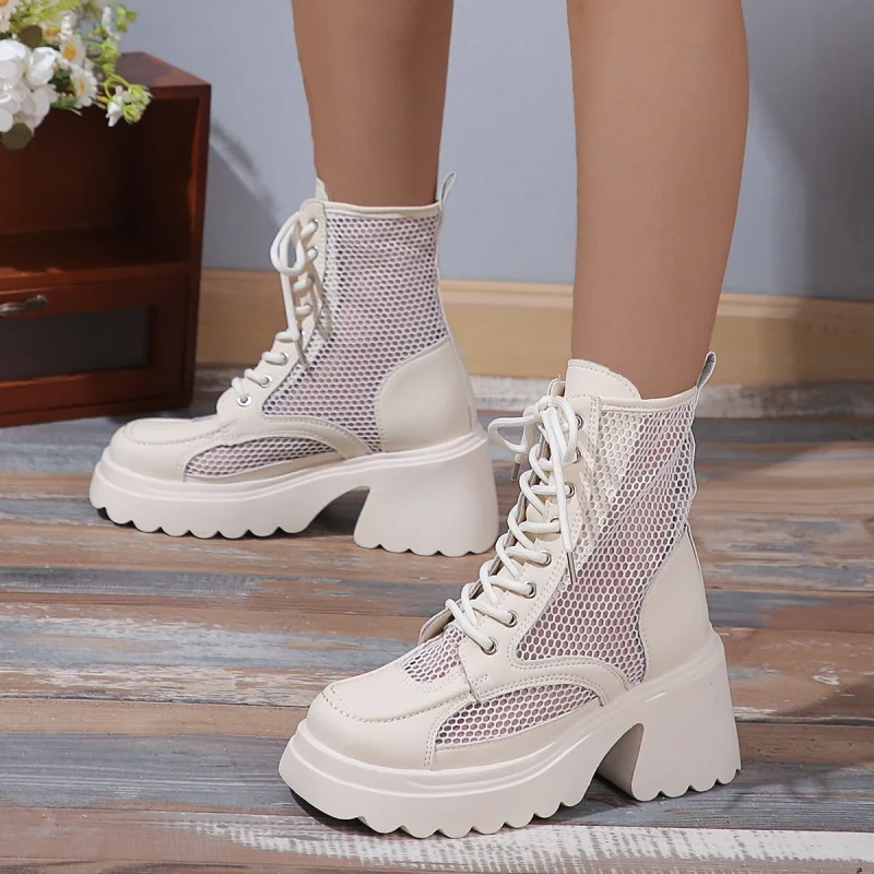 2024Summer New Fashion Thick High Heels Platform Cross-tied Sewing Cut Out Mesh Genuine Leather Women Ankle Short Modern Boots