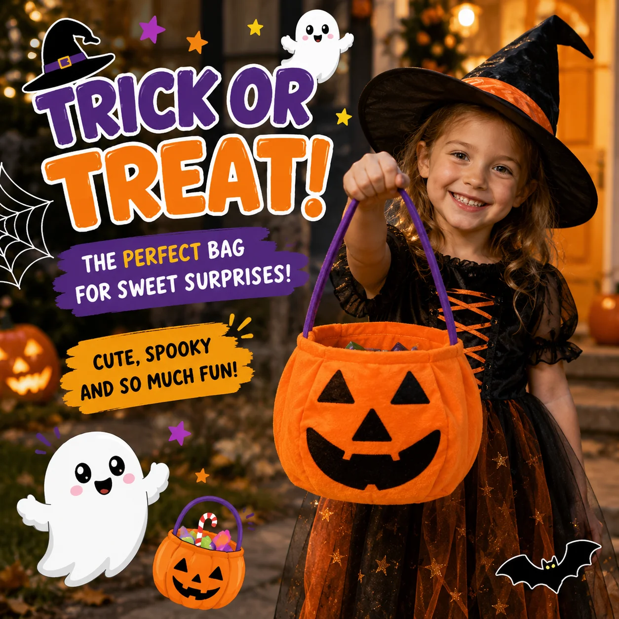1PC Plush Halloween Candy Bag Pumpkin Cat Vampire Witch Treat Basket Portable Gift Tote for Party Decoration and Candy Storage