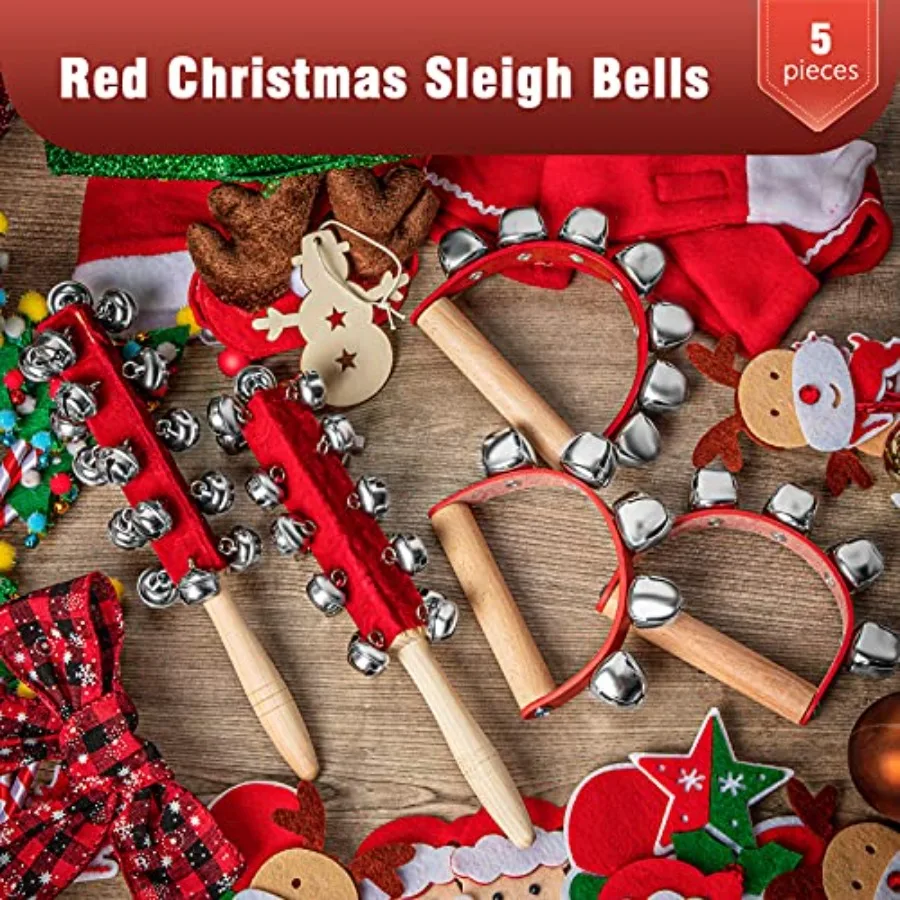 Boao 5 قطعة أجراس جلجل اليد لعيد الميلاد للبالغين مقبض خشبي أحمر شاكر مزلقة أجراس اليد الآلات الموسيقية لعيد الميلاد B