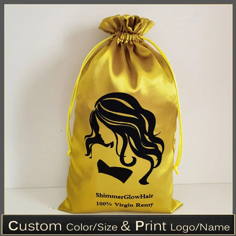 50pics/lot 20x30cm Custom Logo Luxury Virgin Hair Packaging Bags Satin Extensions Wigs  Bundels Silk Storage Drawstring Pocket