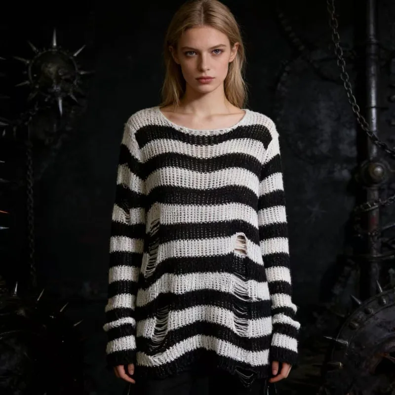 

Punk New Gothic Sweater Oversized Pullovers Women Striped Cool Hollow Out Hole Broken Jumper Harajuku Aesthetics Sweater