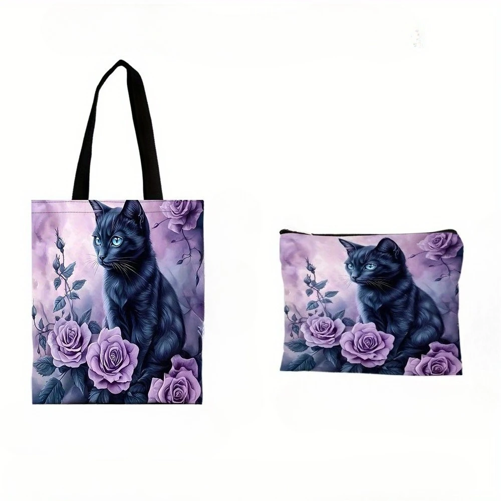 Black Cat with Purple Roses Tote Bag with Makeup Bags Fashion-Forward Durable Shopping Bag Daily Use Cosmetic Pouch image 3