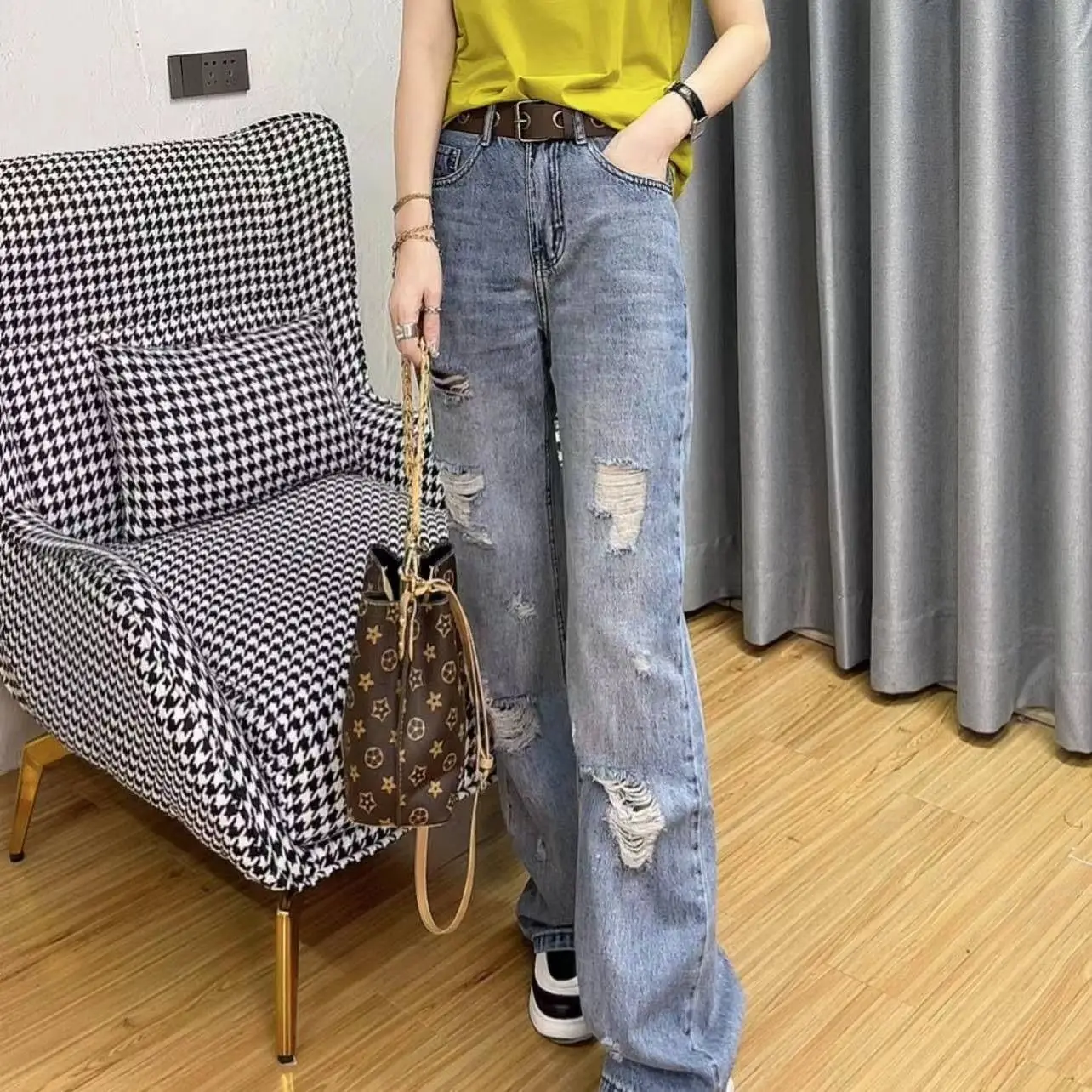 

Retro Blue Straight Jeans Ripped Women Denim Trouser Streetwear Distressed Wide-leg Jean High Waist Woman Y2k Vintage Pants A425