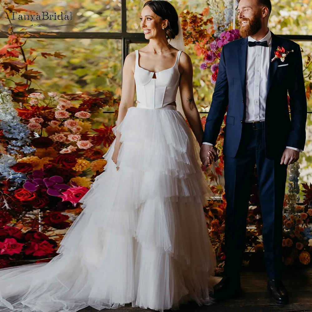Two Pieces A Line Wedding Dress Spaghetti Corset Top ,Layers Tulle Skirts Bridal Gowns Chic   DW972