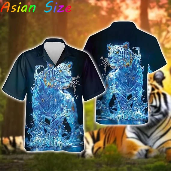 

Забавная мужская рубашка с рисунком «Король леса» и тигром, гавайские рубашки с 3D принтом «Тигры», новая рубашка на пуговицах с коротким рукавом, блузка Camisa с лацканами Aloha