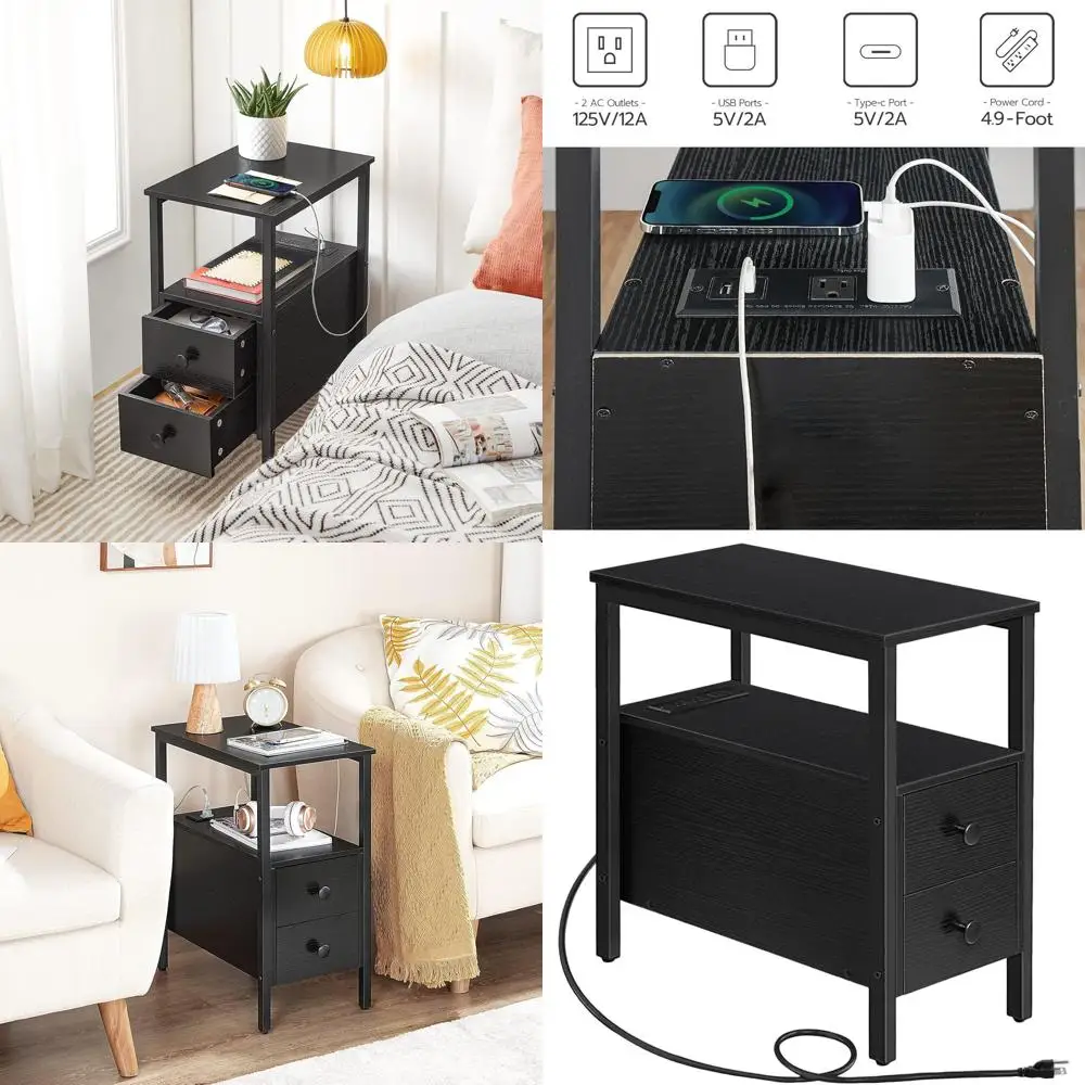 

Compact Charging Nightstand with 2 Drawers, USB & Outlet, Ideal for Small Spaces, Living Room or Bedroom, Black