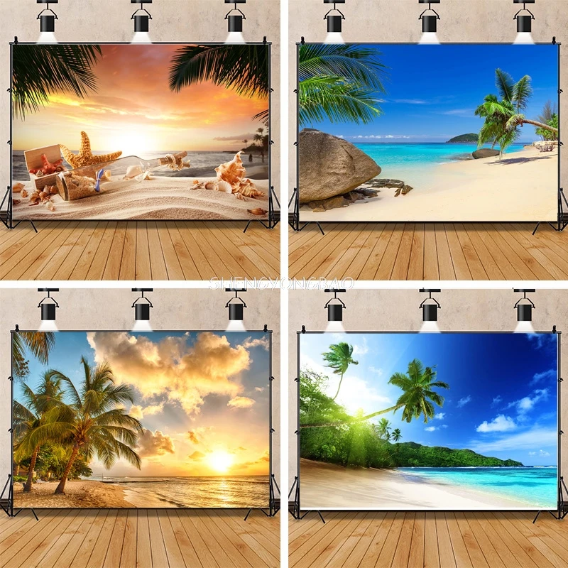 

Photography Backdrops Summer Tropical Ocean Beach Palm Tree Natural Scenery Photo Studio Background Props ST-01