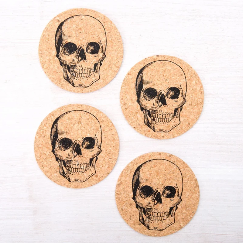 

4pcs Skull Cork Coasters Halloween Party Decoration Supplies Festival Family Kitchen Table Spooky Accessories Housewarming Gifts