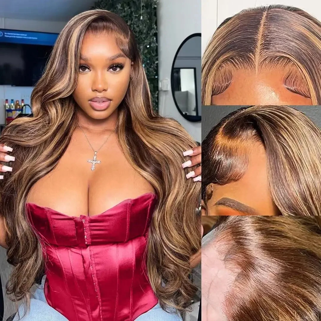 Highlight Body Wave Pruik Human Hair 13X4 Hd Lace Front Human Hair Pruiken Voor Vrouwen Honingblonde Transparante Lace Frontale Pruik