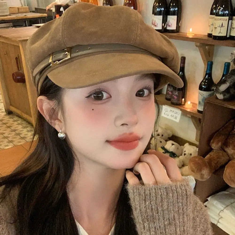 Casual British Style Pu Leather Beret Belt Buckle Brown Suede Octagonal Hat Korean Style Newsboy Cap Painter Hat Streetwear