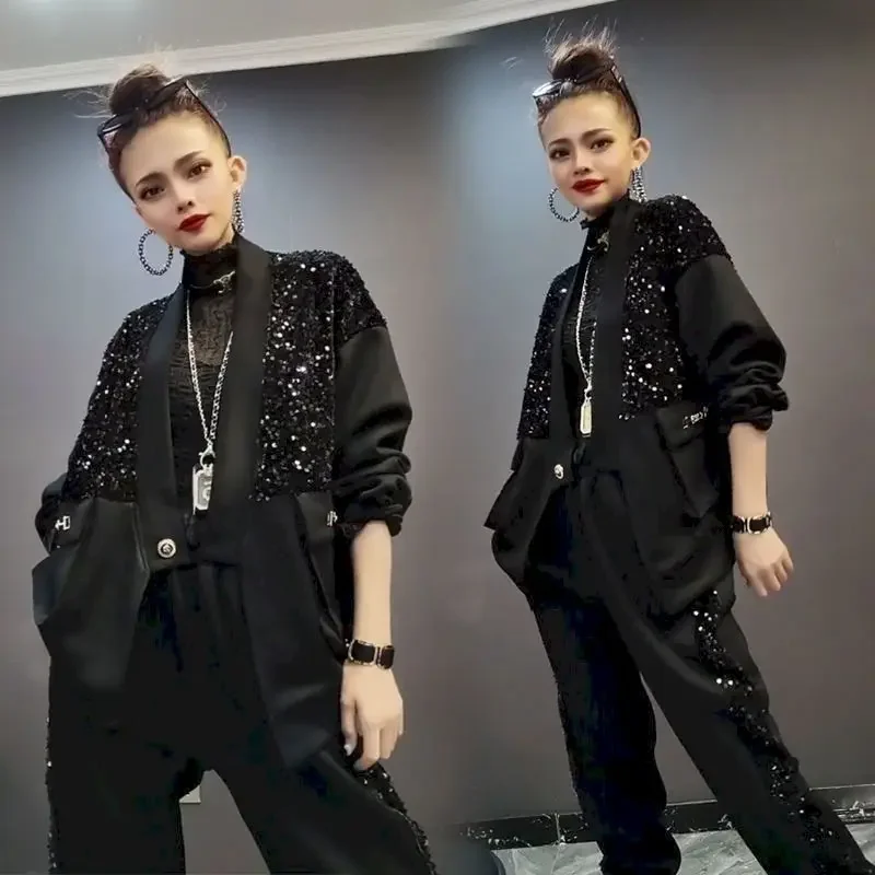 

Fashion Suits Women 2024 Autumn New Korean Stitching Heavy Industry Sequins Loose Single Port Jacket Casual Trousers 2 Piece Set
