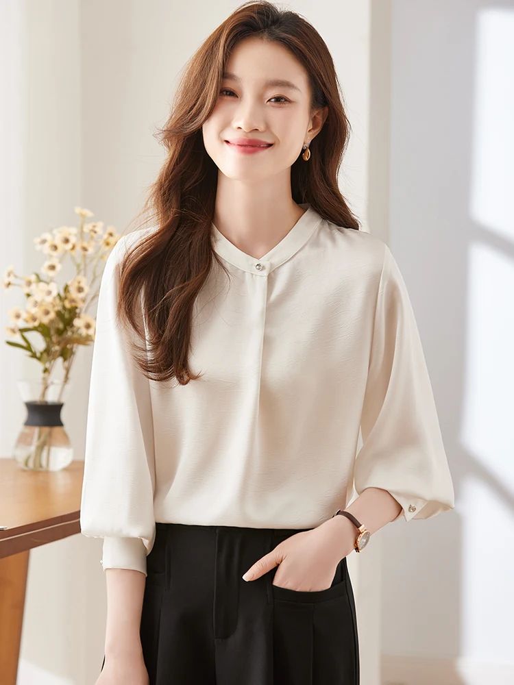 

White Long Sleeve Acetate Satin Shirt Women's Spring 2026 New Style Commute round Neck Premium Feel Korean Version Straight Cut