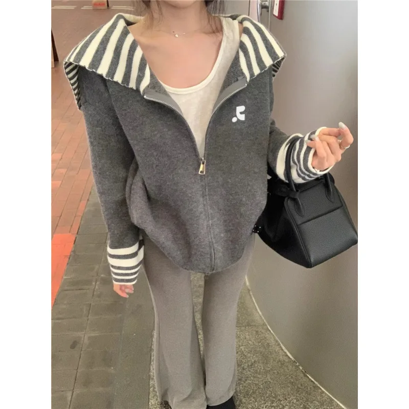 

Rest and Recreation Women's Coat Color-blocked Striped Sailor Collar Relaxed Knit Cardigan Unique Design Loose-fitting