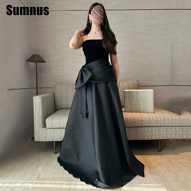فستان Sumnus الحديث على شكل حرف a للحفلات الراقصة بدون حمالات أسود بدون أكمام طيات فيونكة فساتين رسمية طول الأرض فستان سهرة 2025 مخصص