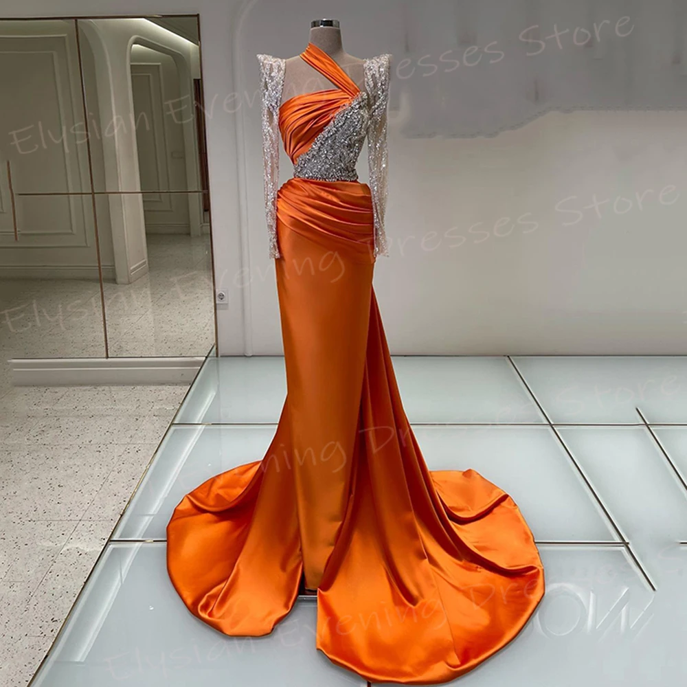 Fashionable Modest Orange Women\'s Mermaid Pretty Evening Dresses Long Sleeve Formal Party Prom Gowns Beaded Pleated فساتين سهرة