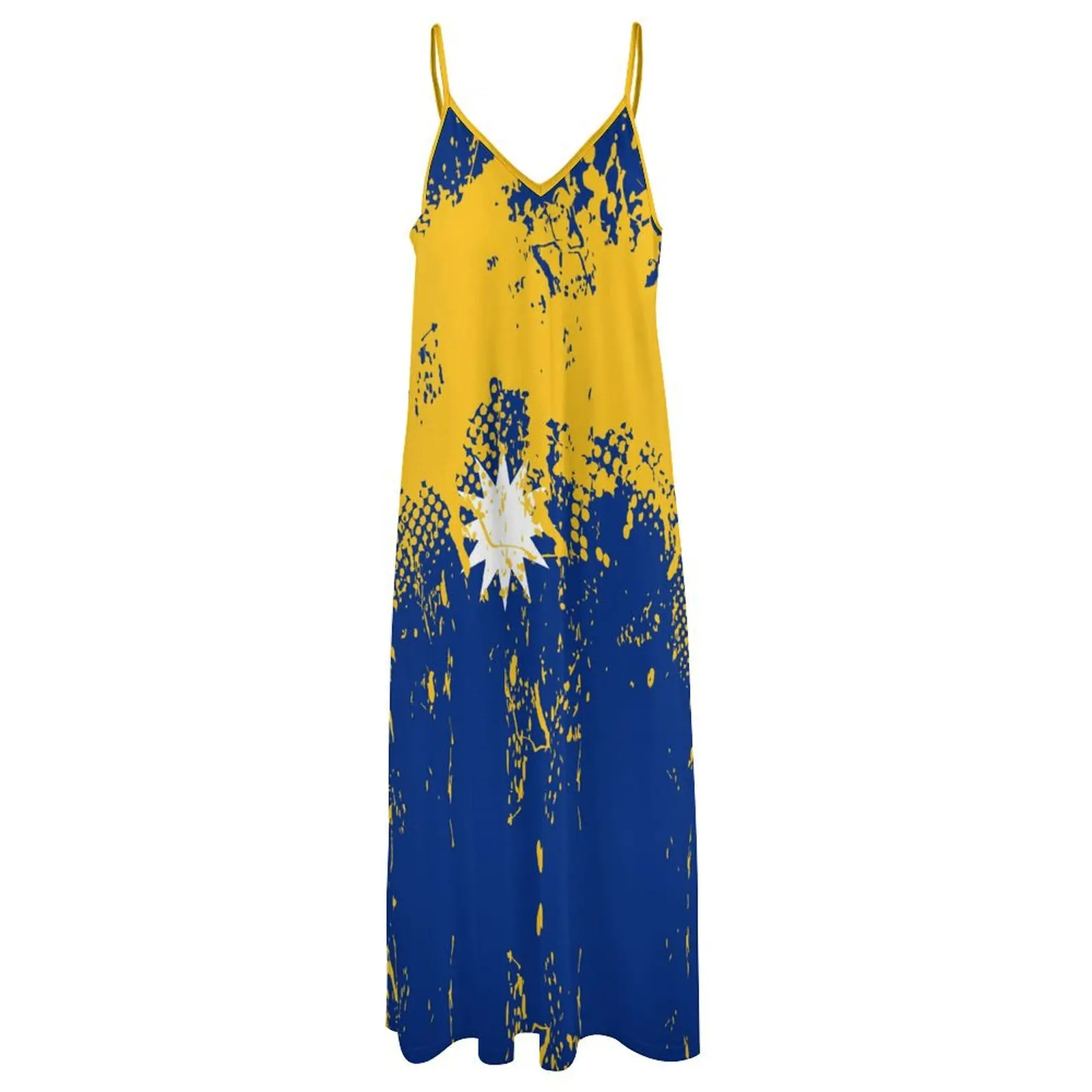 Robes longues robe Nauru drapeau imprimé nouveau décontracté sans manches femmes col en v robe imprimée balançoire robes rétro