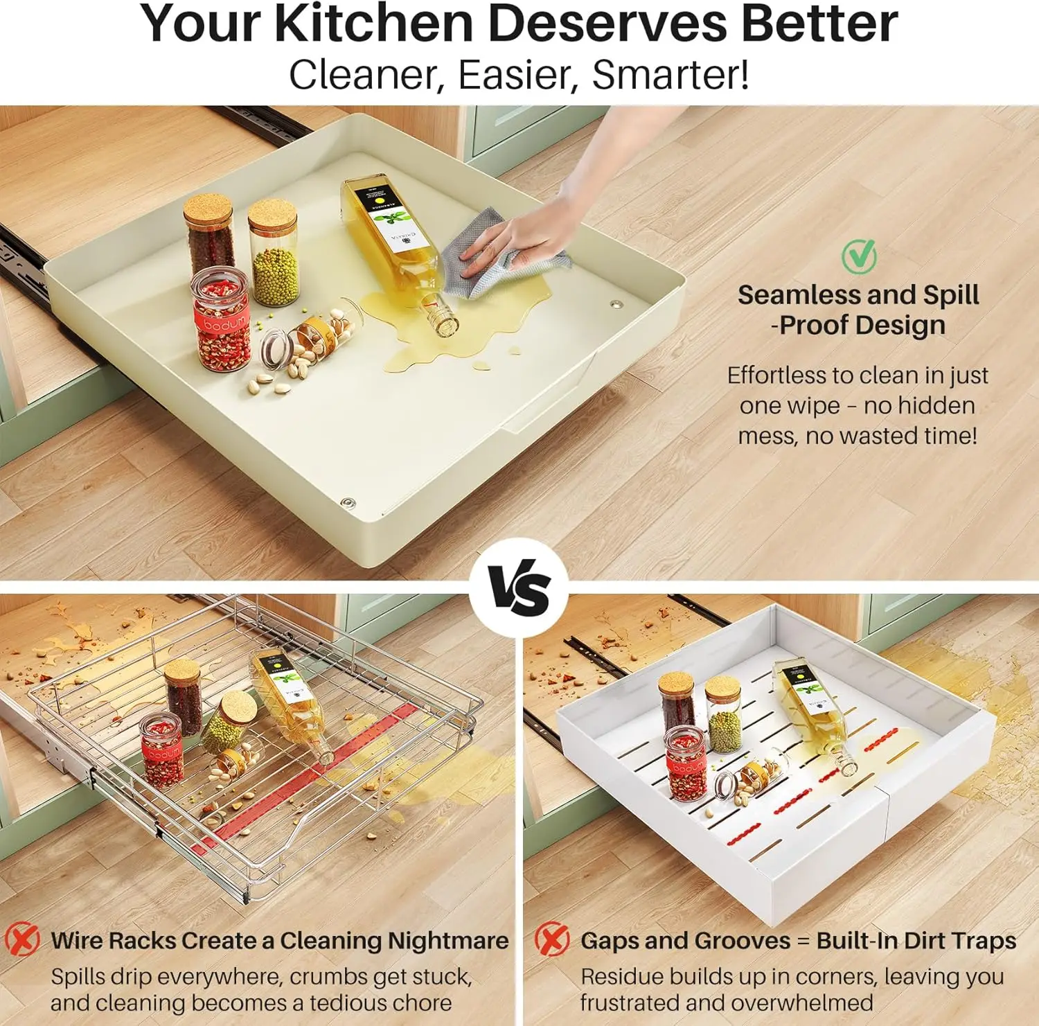 

Kitstorack Adhesive Pull Out Cabinet Organizer, Cream White, Thickened Steel Flat Bottom, 20"" W X 21"" D,No Drill Slide Out