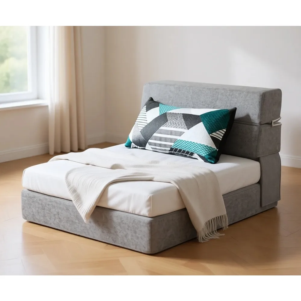 Sillón Cama Plegable con Almohada de Espuma Viscoelástica, Colchón de Yoga para Suelo, Funda Lavable, Gris Claro