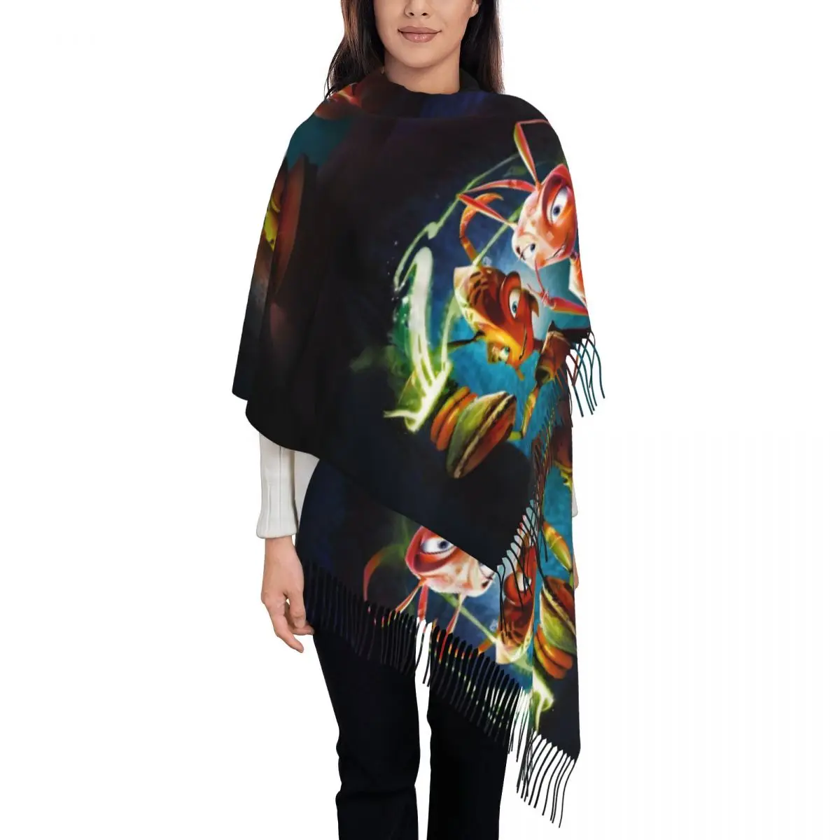 

Женские длинные шарфы с изображением муравья, фэнтези, приключения, комедийного фильма, женские зимние толстые теплые шаль с кисточками, шарф с рисунком аниме