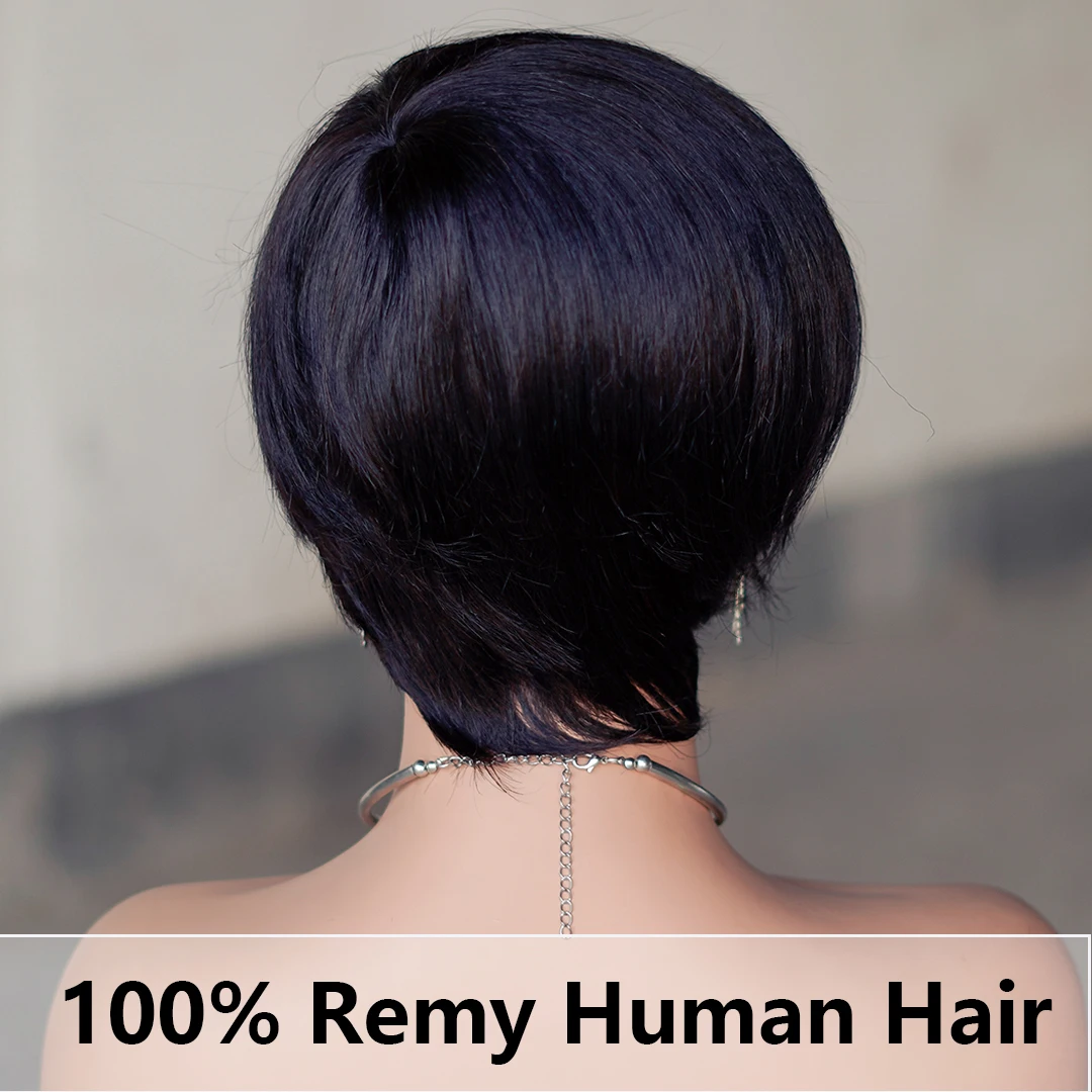 Pixie Cut Echthaar Perücke mit Seiten Pony für Frauen kurze Remy geschichteten Echthaar brasilia nischen natürlichen schwarzen Haaren billige Perücke