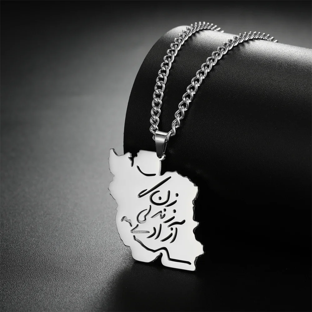 Jeshayuan Woman Life Freedom Iran Map Necklace Arabic Letter Pendant Chain Choker Necklace Stainless Steel Jewelry collar hombre