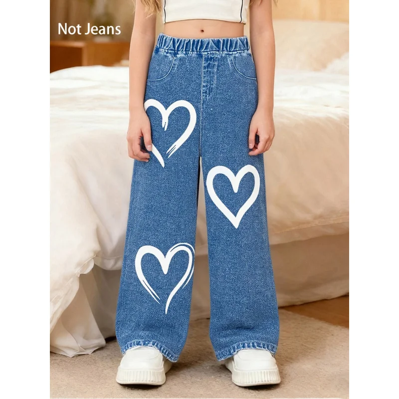 

2025 Hot Sale Girls' Love Printing - Elastic Waist Wide Leg Pants - Casual Daily Versatile Imitation Jeans