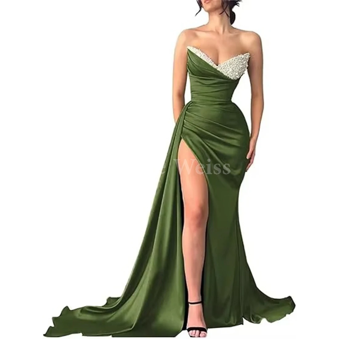 

Green Sequined Prom Dresses Side Split Evening Gowns Pleat Mermaid Women Gowns Customize