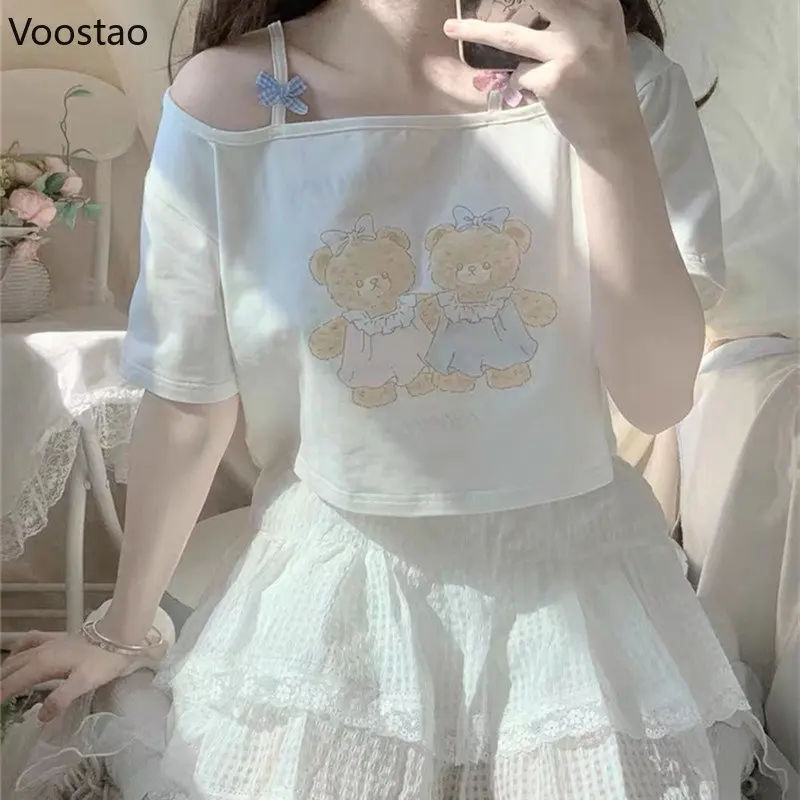 Yaz sevimli Lolita stil t-shirt kızlar Kawaii karikatür bebek ayı baskı kısa kollu Tshirt kırpma üstleri kadın tatlı giysi Tees