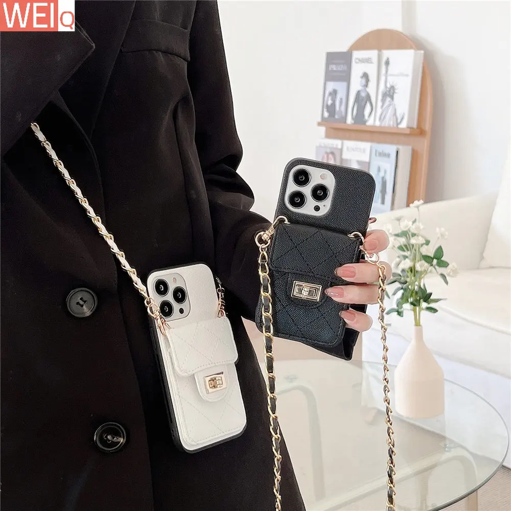 Fashion Black leather Card holder wallet Phone Case for iPhone 11 12 13 14Pro Max 7 8 Plus X XS XR Luxury Neckband Lanyard Cover