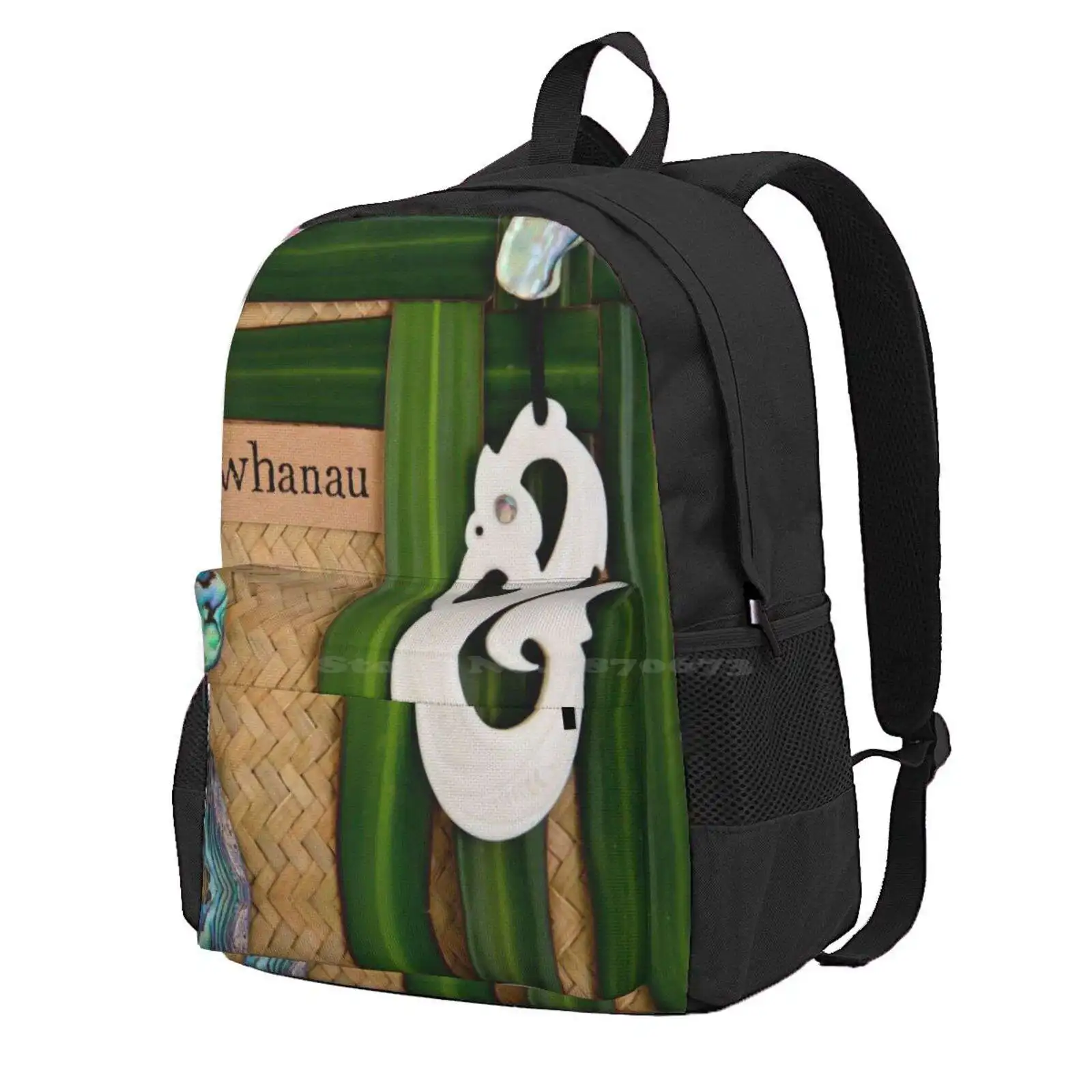 Nz Maori - Whanau - Family Theme Hot Sale Schoolbag Backpack Fashion Bags Abalone Paua Shell Brown Carving Cultures Flax Green