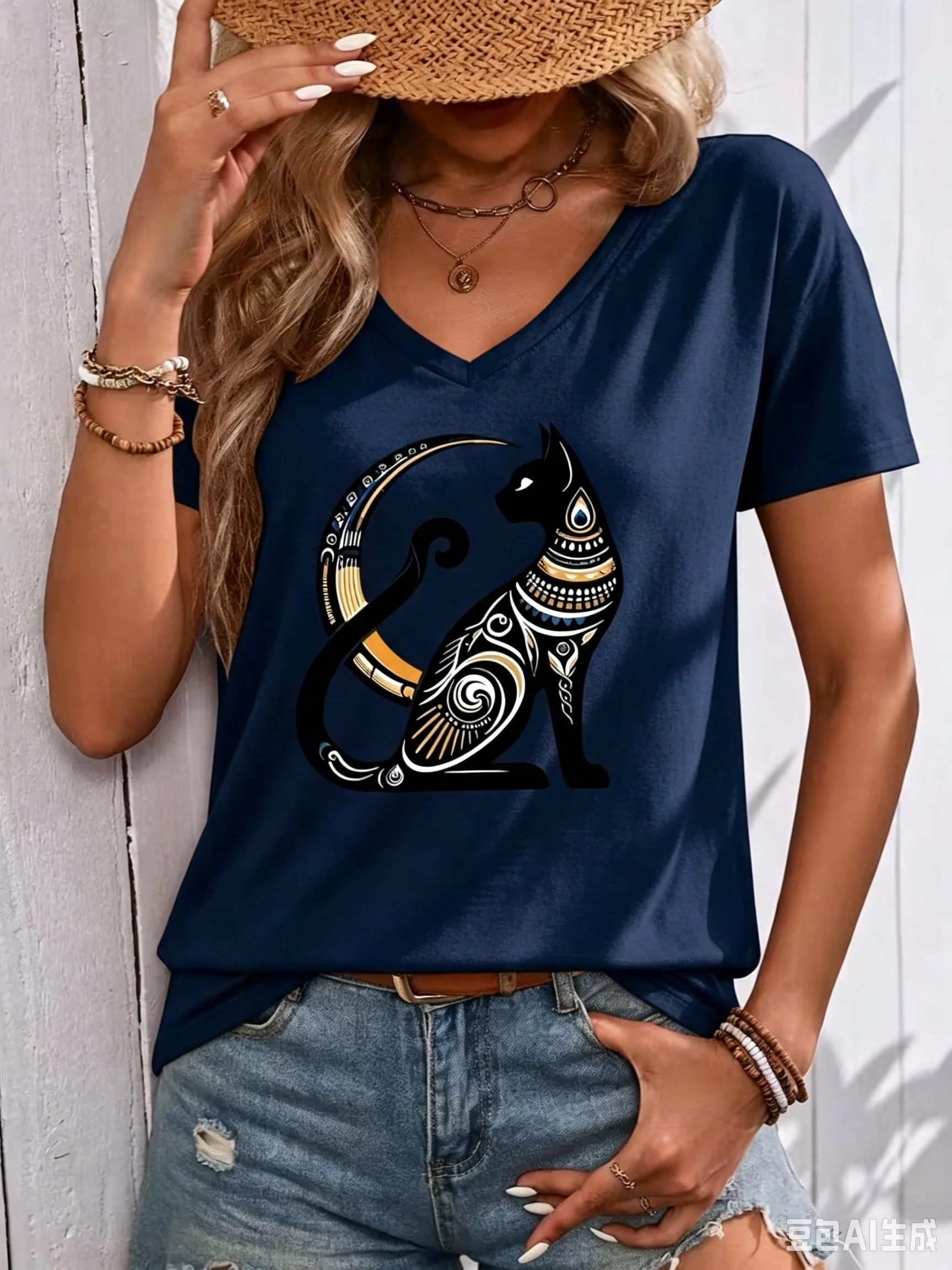 Fashion Street Cat - تي شيرت نسائي جديد للصيف بطباعة