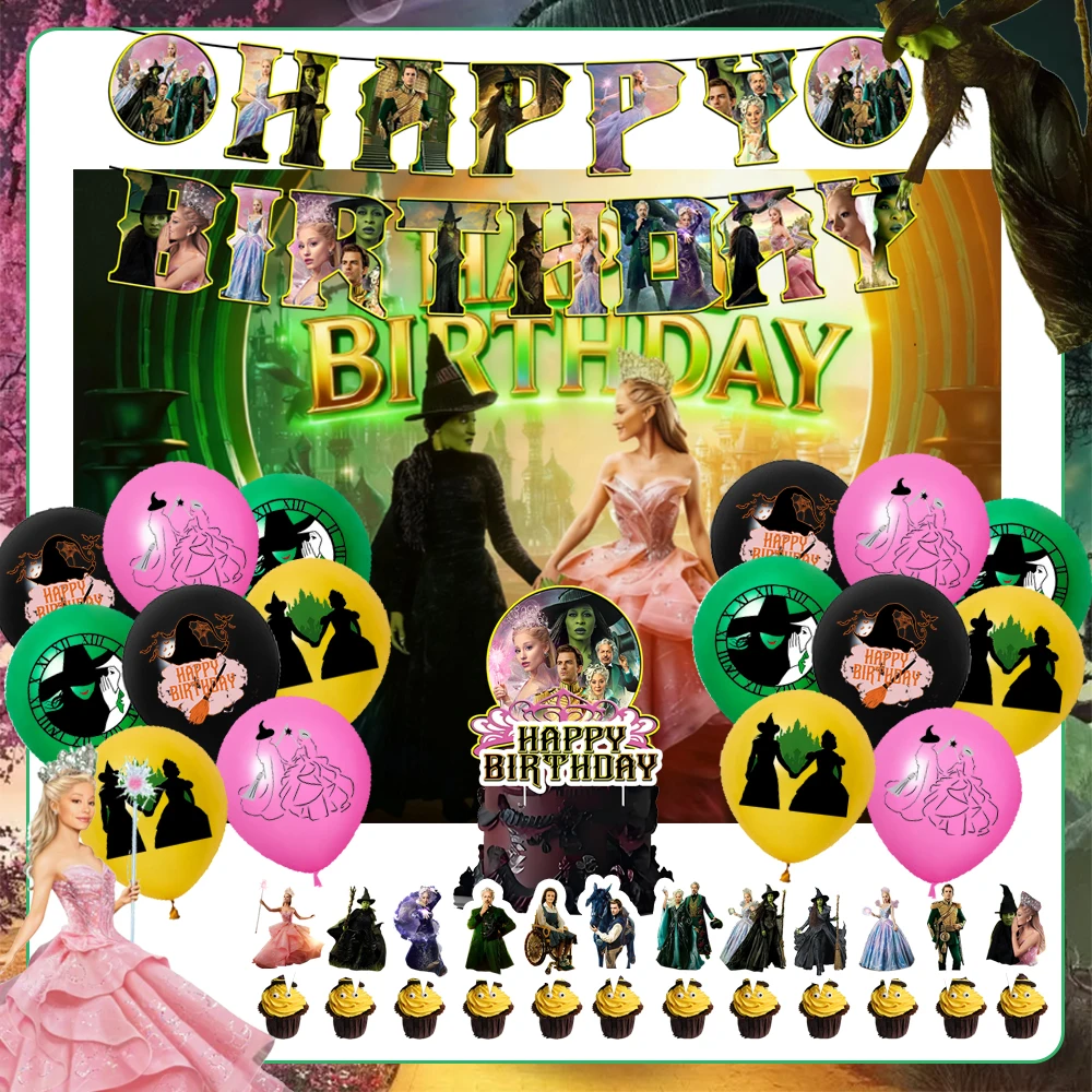 

Magical Evil Witch Birthday Party Decoration Fairy Tale Witch Balloon Pink Green Background Banner Baby Shower Children's Gifts