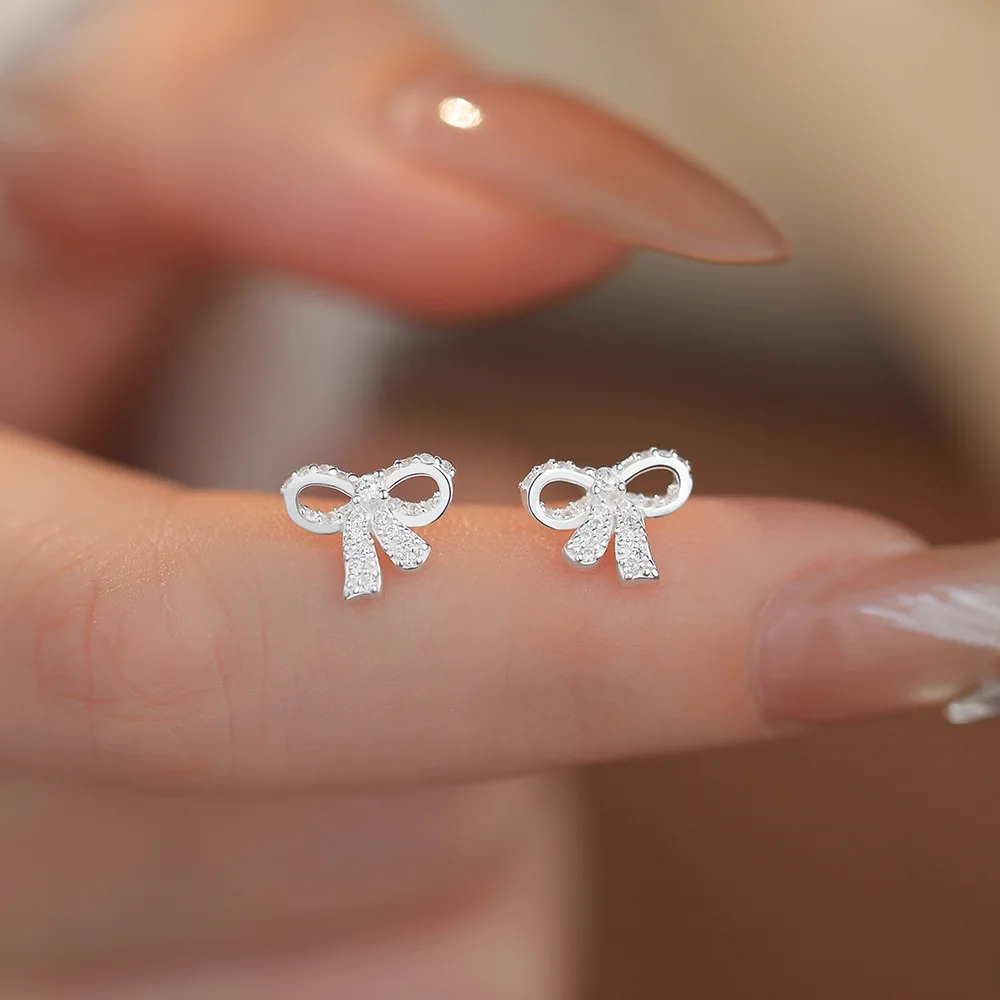 S999 Pure Silver Bow Stud Earrings Sweet Cute Style Fashion Ear Jewelry Lovely Ear Accessories for Women Girls Daily Wear