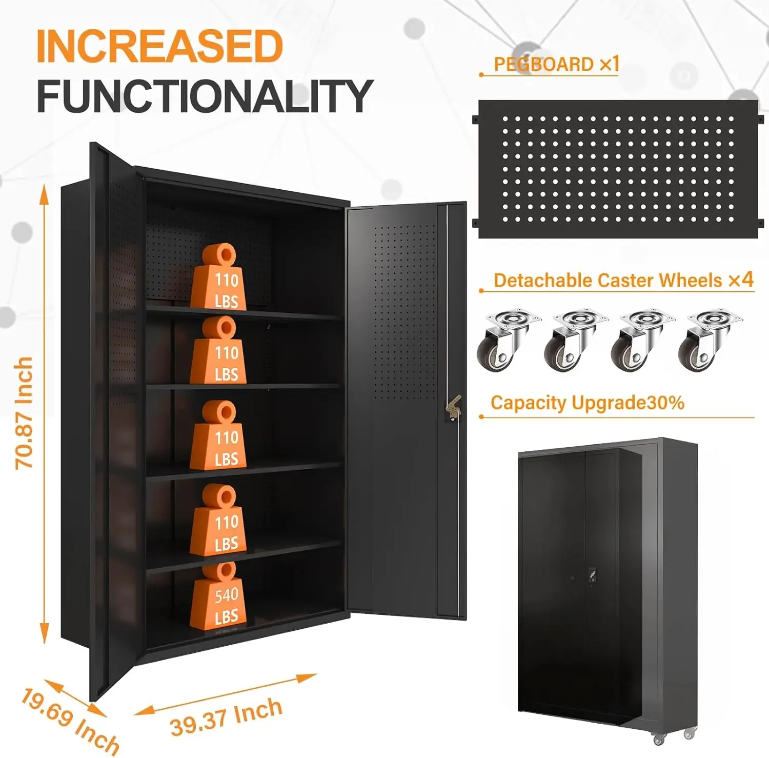 Upgraded Wide Metal Storage Cabinet - 72 Inch Black Lockable Garage Cabinet with Wheels & 4 Adjustable Shelves | Heavy-Duty