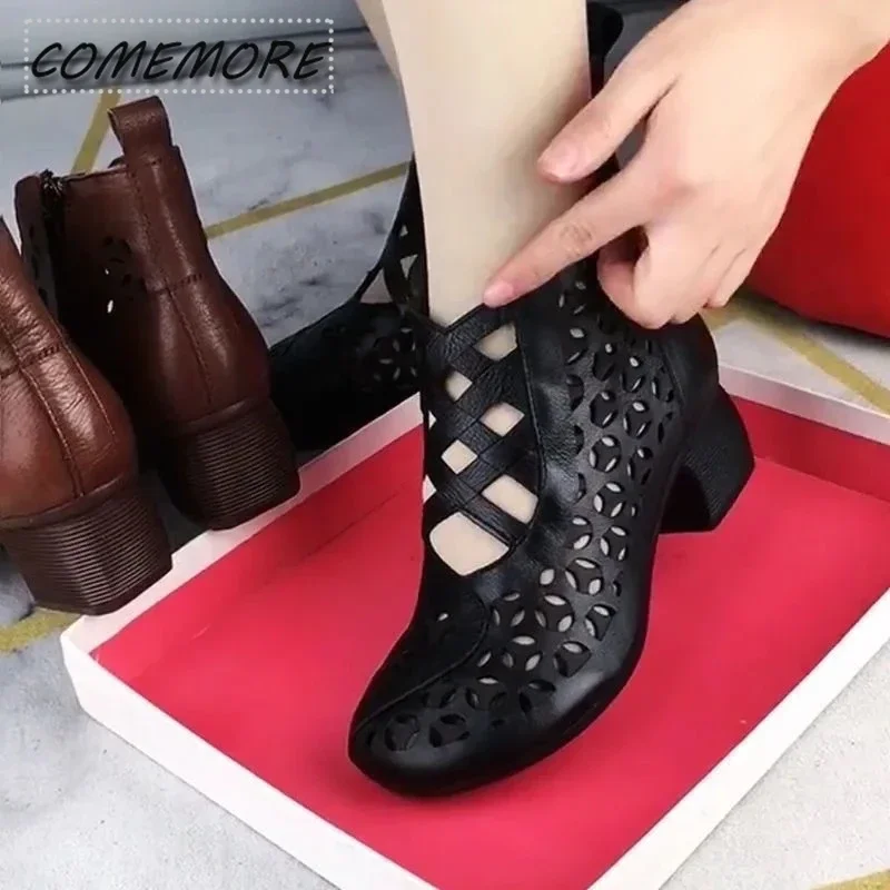 Women\'s Sandals 2024 New Summer Boots Hollow Classic Out Mesh Mid Heels Pumps Lightweight Casual Female Breathable Large Size 41