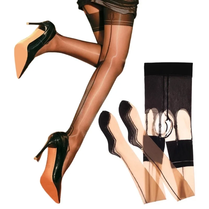 

Simulation Garter Belt With Eye Cut Cuban Heel Back Seam Stockings 5D Oil Glossy Silky Transparent Open Crotch Pantyhose