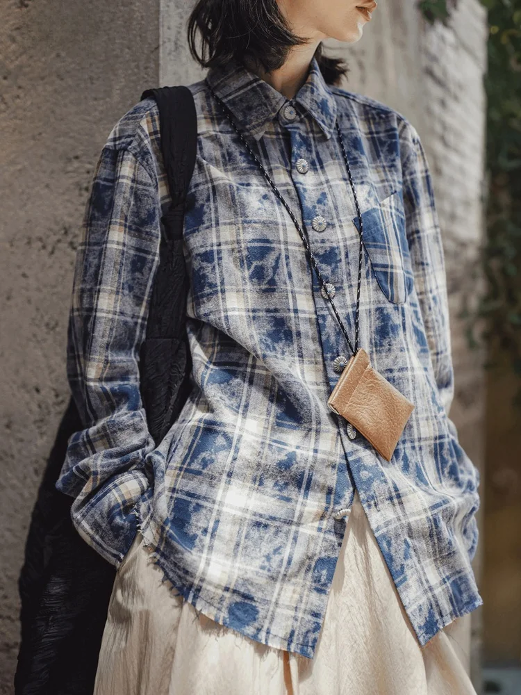 

Maden American Retro k Blue Plaid Loose Fit Long Sve Casual irt Women's Autumn Outerwear Coat Button up Turn down Collar