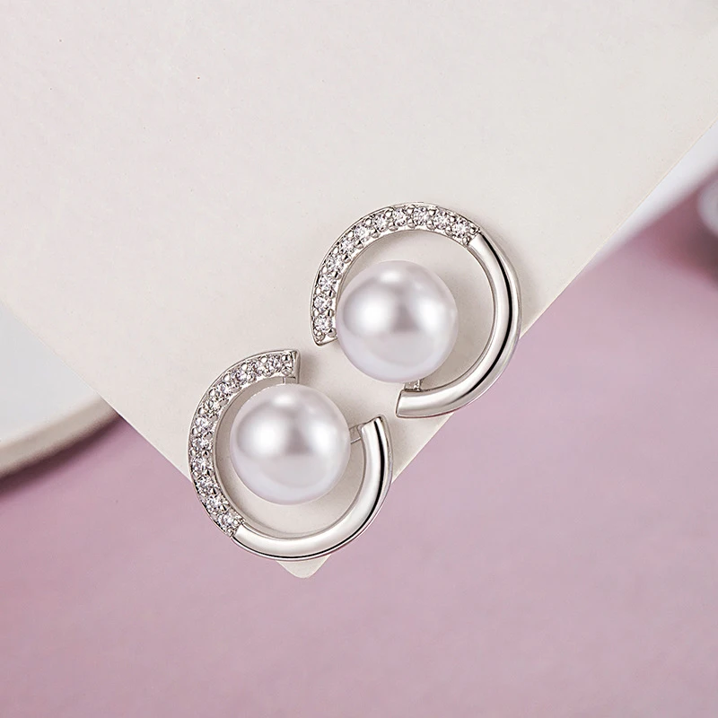 KOFSAC 2023 New Pearl Stud Earrings For Women Fashion Versatile 925 Sterling Silver Jewelry Zircon Geometry C Shape Earring